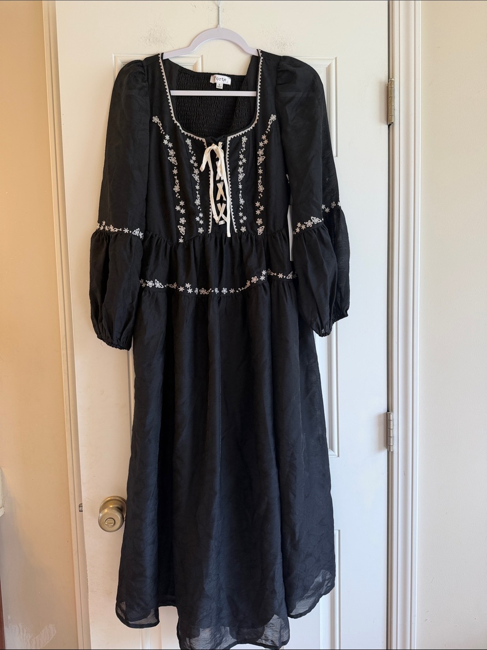 NWT Forte Black Midi Dress with Ivory Embroidery Sz S